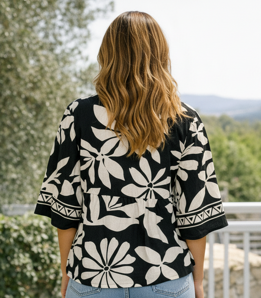 Black & Ivory Floral V-Notch Blouse