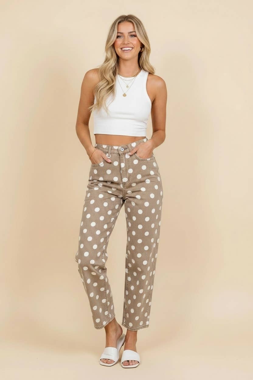 HEIMISH - HP40176 Polka Dot High Rise Straight Leg Pants - TAUPE/WHT / 2-2-2(S-M-L)