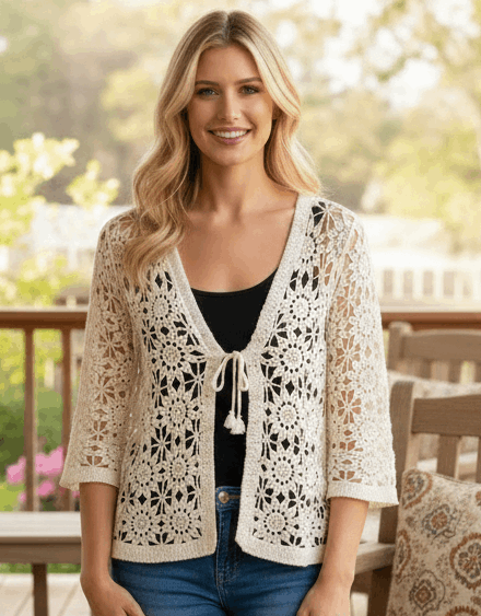 Woman wearing a white crochet cardigan outdoors