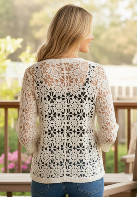 Woman wearing a white lace cardigan on a blurred outdoor background