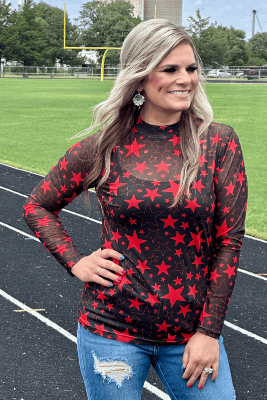 Black mesh top with red stars