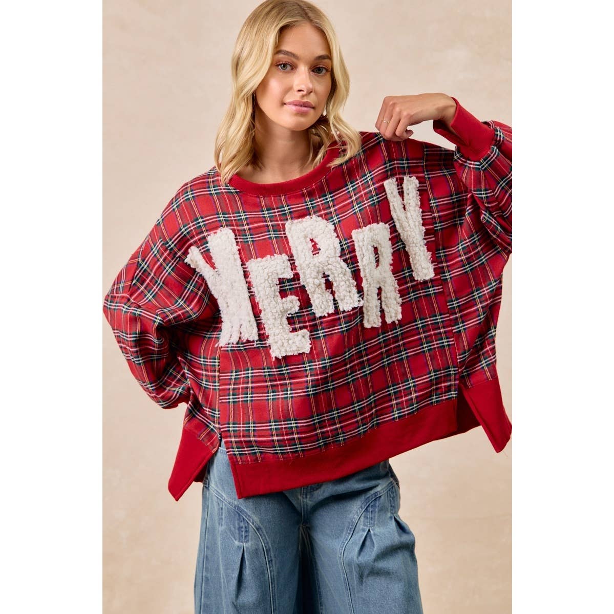 MERRY Sherpa Letter Oversized Red Plaid Pullover