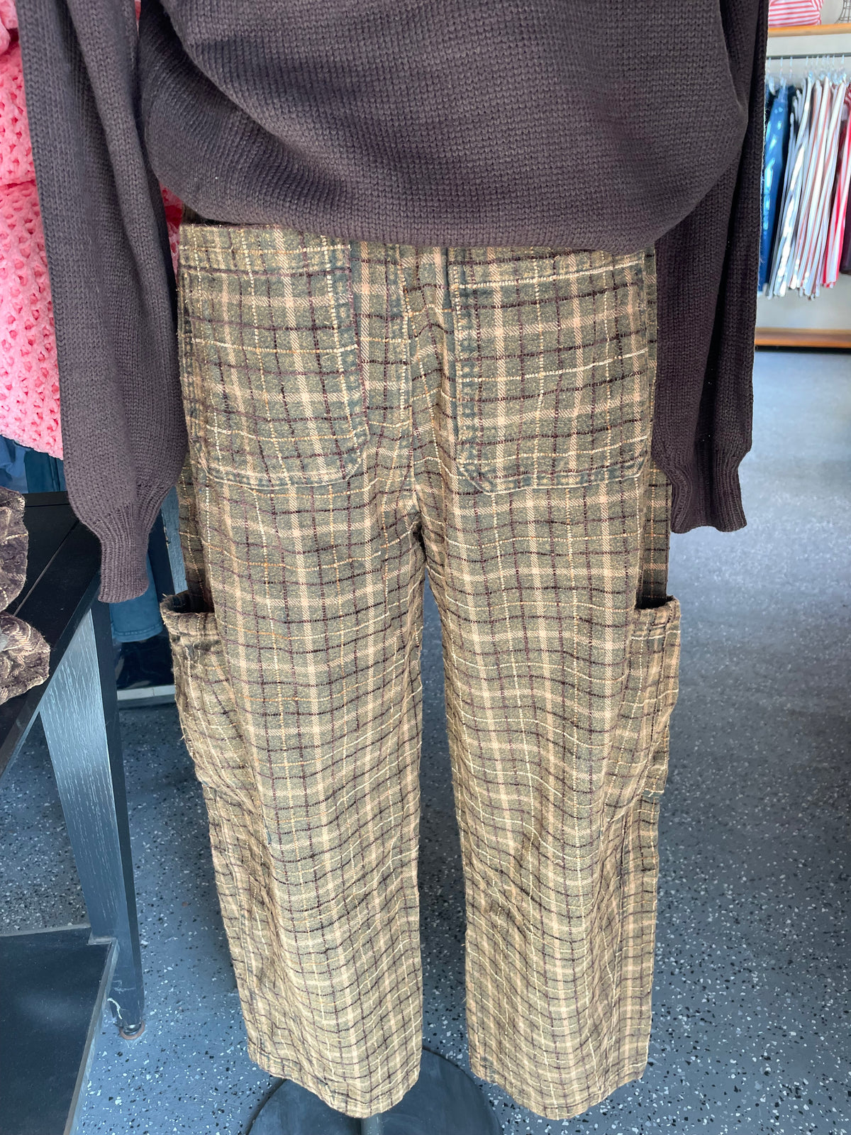 Olive Plaid Woven Barrel Pants