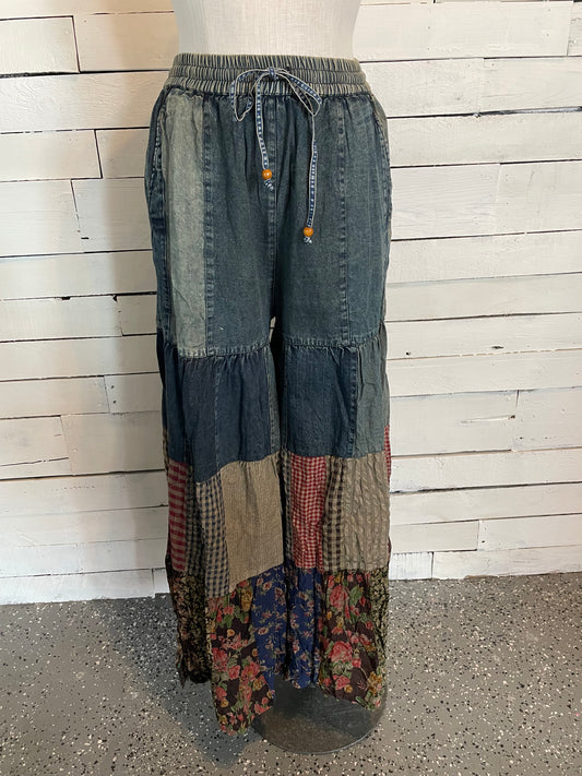 Boho Tiered Denim & Patch Pants