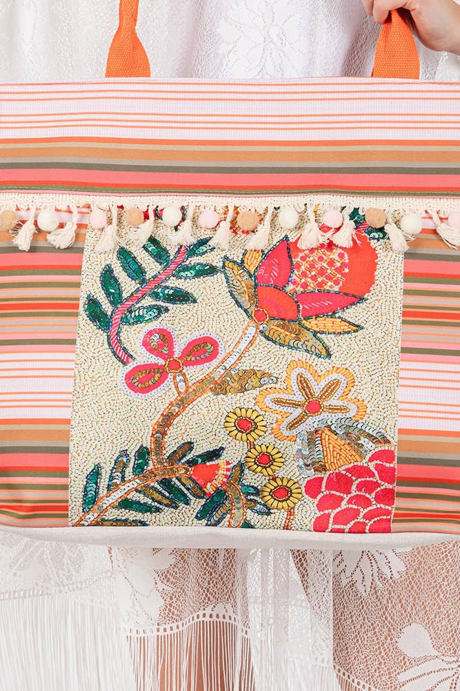 Orange Floral Boho Tote