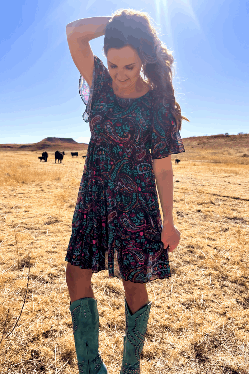 Black Paisley Mesh Overlay Dress