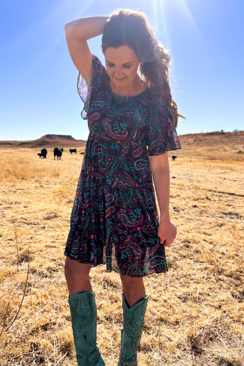 Black Paisley Mesh Overlay Dress