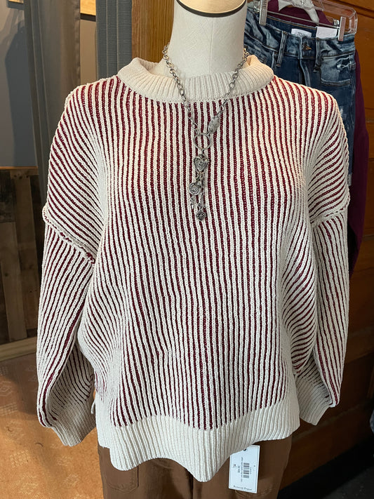 Striped Crewneck Sweater - Ruby