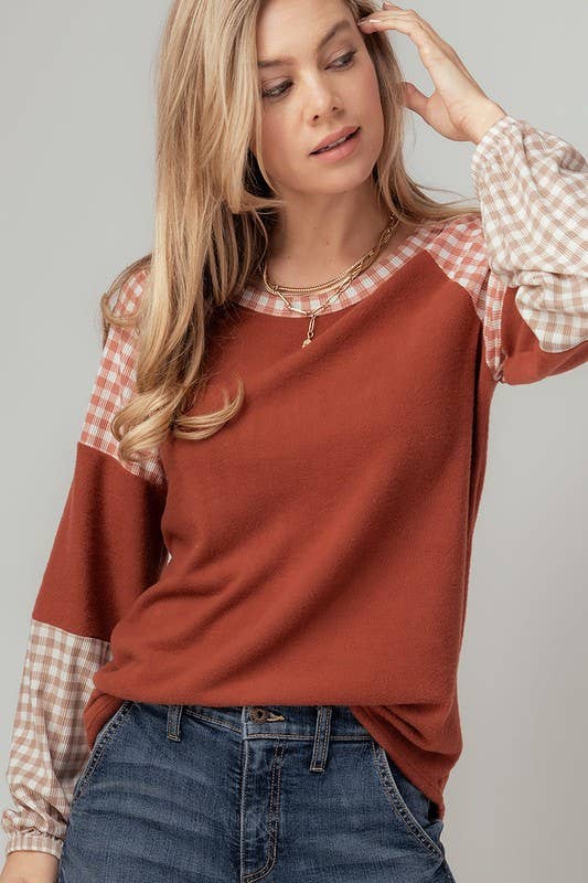 Rust Sweater Plaid Sleeve