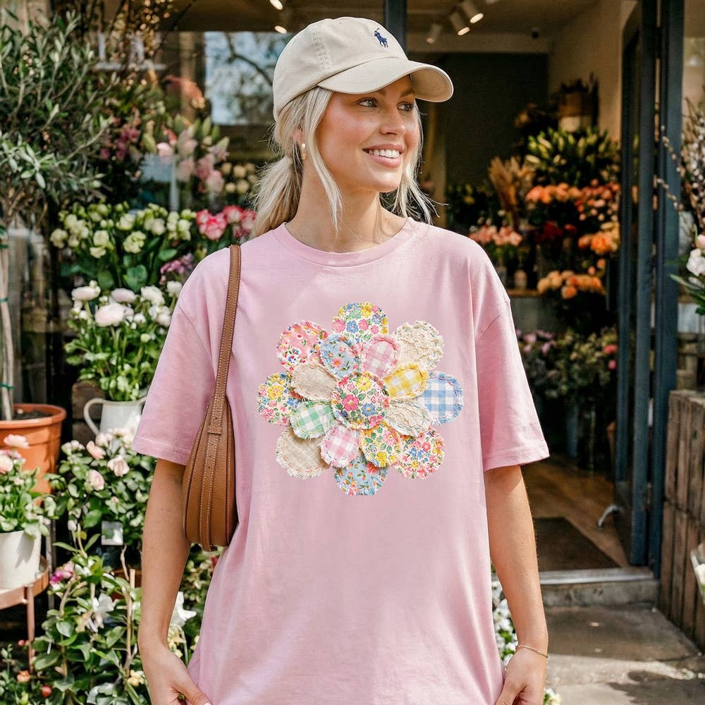 Trendy Transfers - Faux Fabric Patchwork Flower DTF Heat Transfer - Adult
