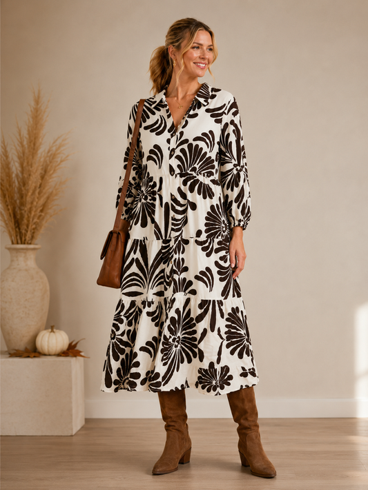 Brown & Cream Button Down Tiered Midi