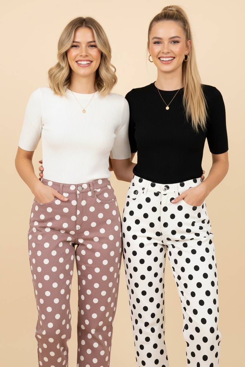 HEIMISH - HP40176 Polka Dot High Rise Straight Leg Pants - TAUPE/WHT / 3-2-1(1X-2X-3X)
