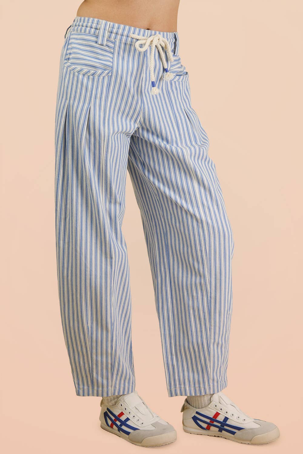 Blue Striped Denim Barrel Pants