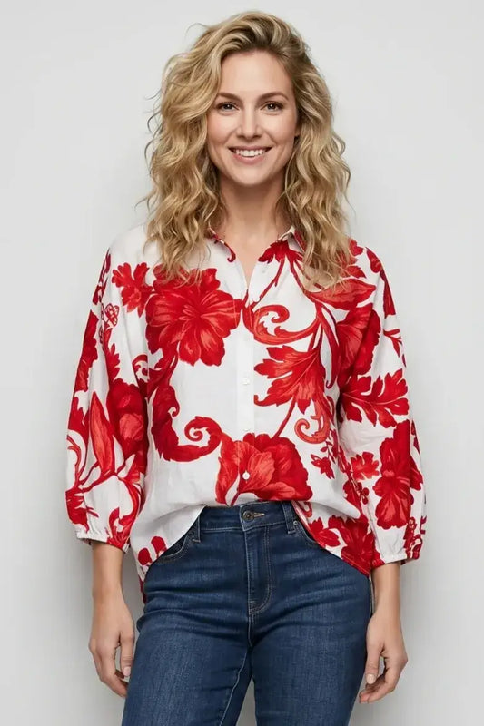 Linique Red Floral Button Down 3/4 Sleeve Top
