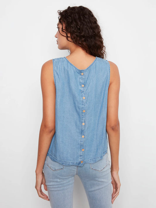 Tencel Light Wash Tank Top with Decorative Back Buttons
