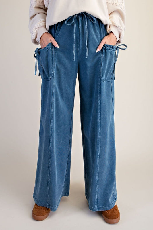 Mineral Wash Terry Knit Wide Leg Pant - Blue