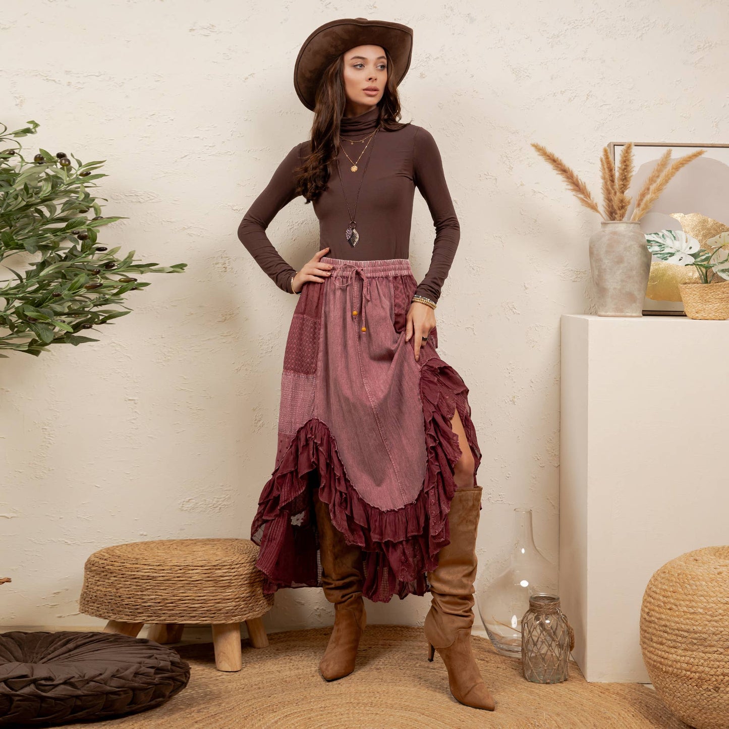 Young Threads - Rustic Bohemian: Asymmetrical Embroidered Midi Skirt - New - Latte / REGULAR (S-M-L-XL 2-2-2-1)