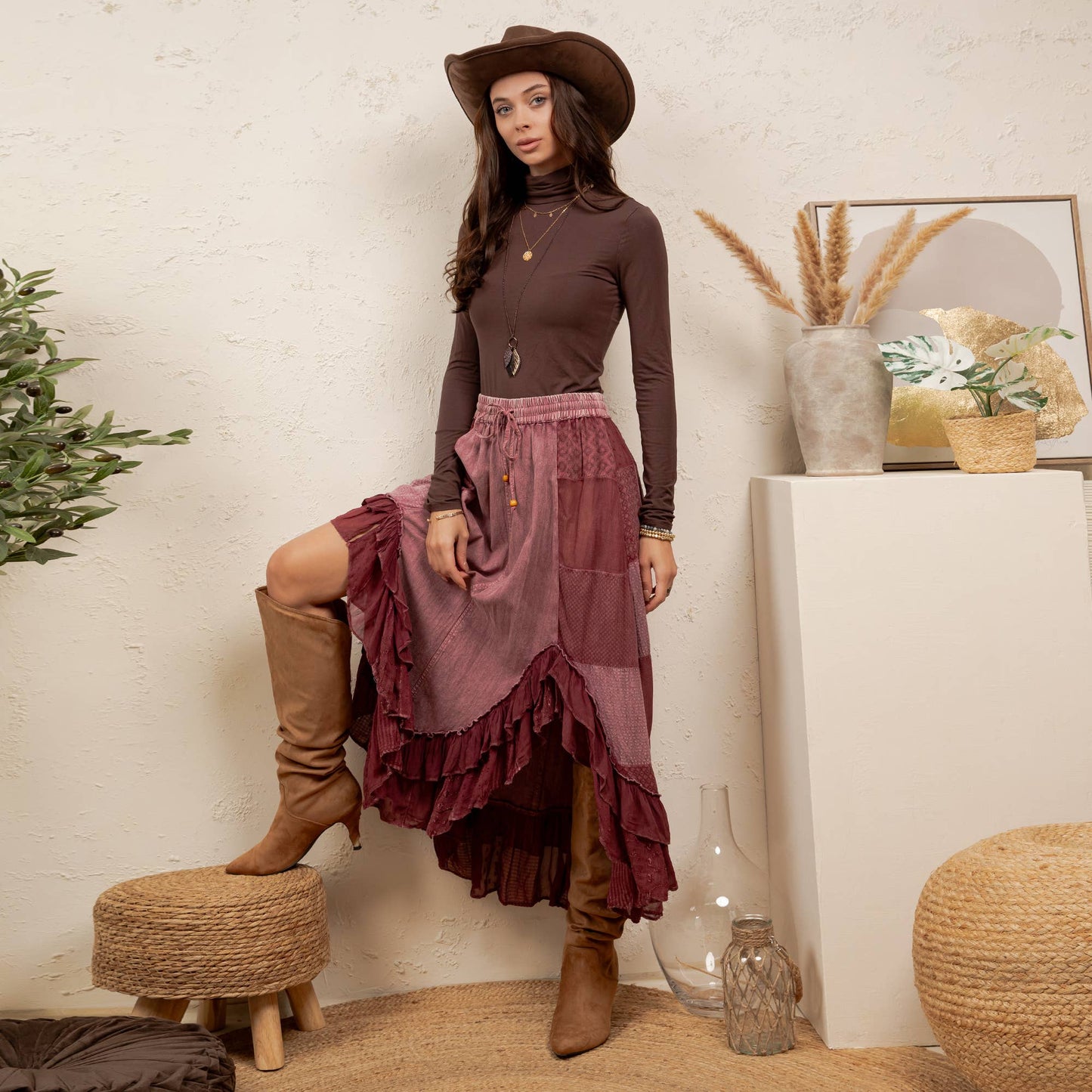 Young Threads - Rustic Bohemian: Asymmetrical Embroidered Midi Skirt - New - Latte / REGULAR (S-M-L-XL 2-2-2-1)