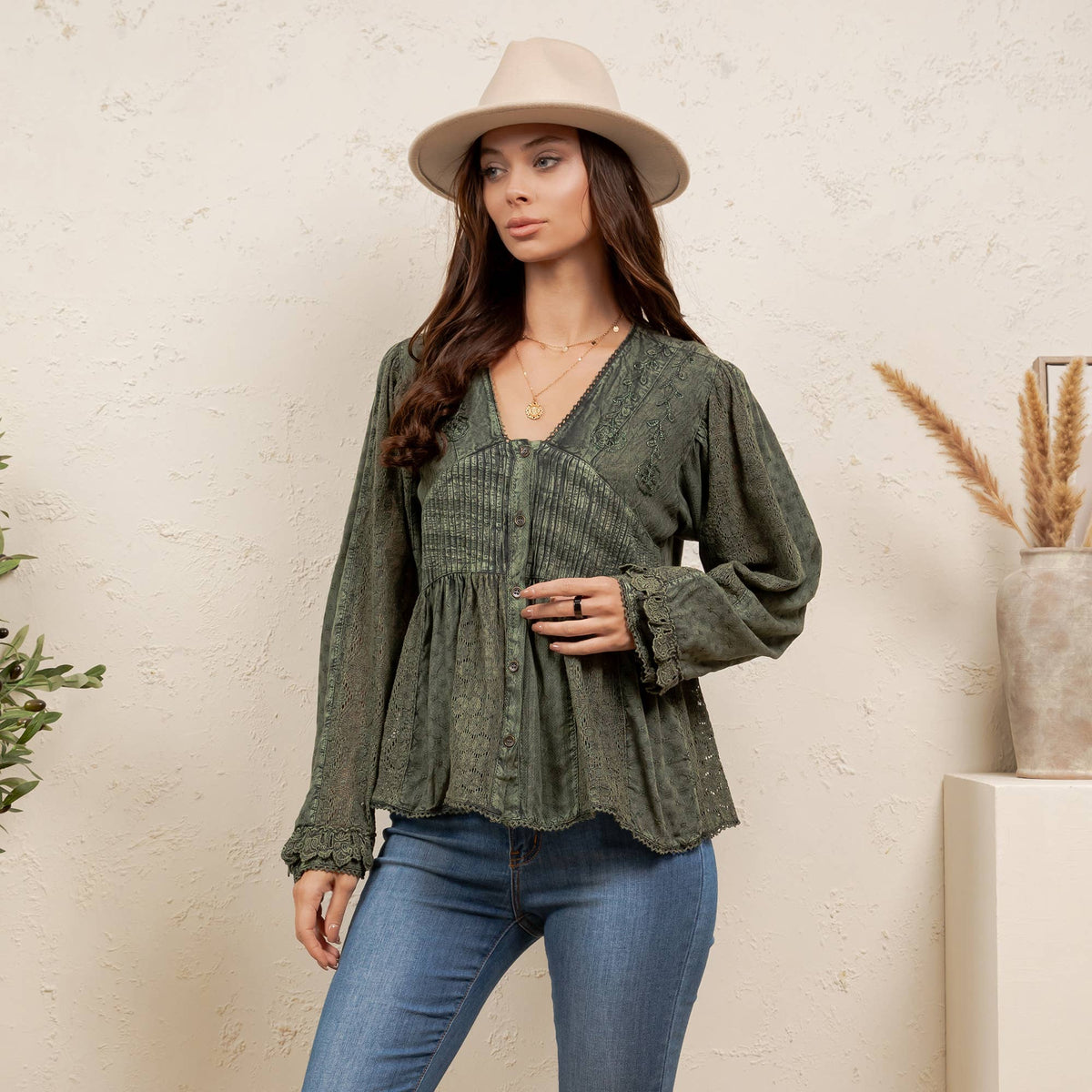Young Threads - Vintage Boho Embroidered Lace V-Neck Peplum Top NEW - MULBERRY / REGULAR (S-M-L-XL 2-2-2-1)