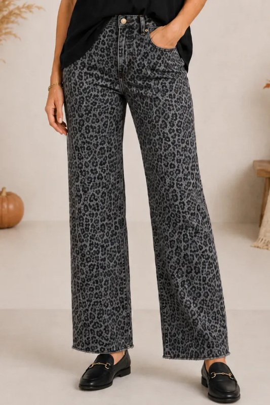 Black Leopard Wide Leg Fray Hem Jean