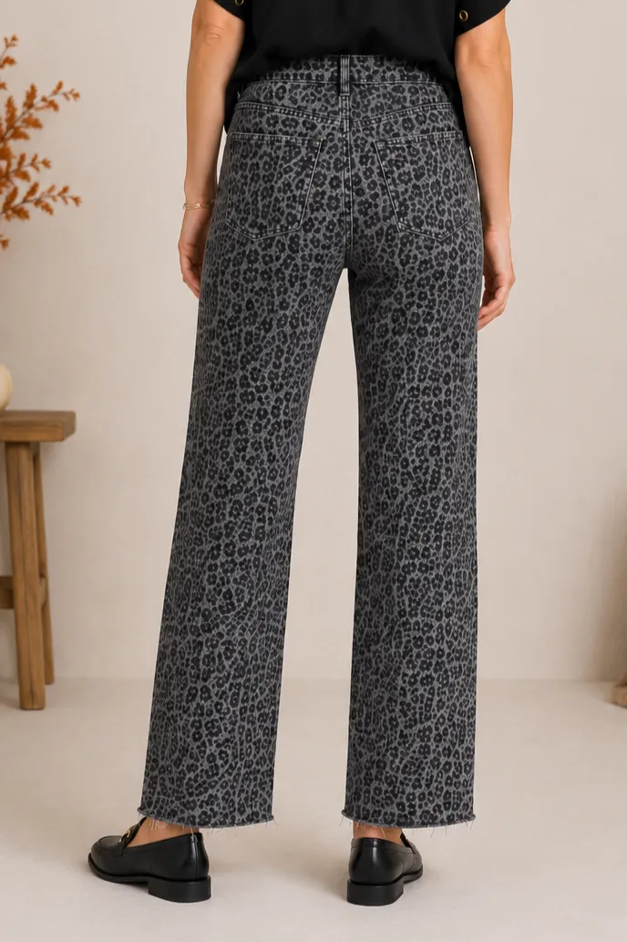 Black Leopard Wide Leg Fray Hem Jean