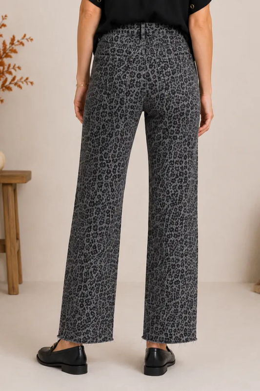 Black Leopard Wide Leg Fray Hem Jean