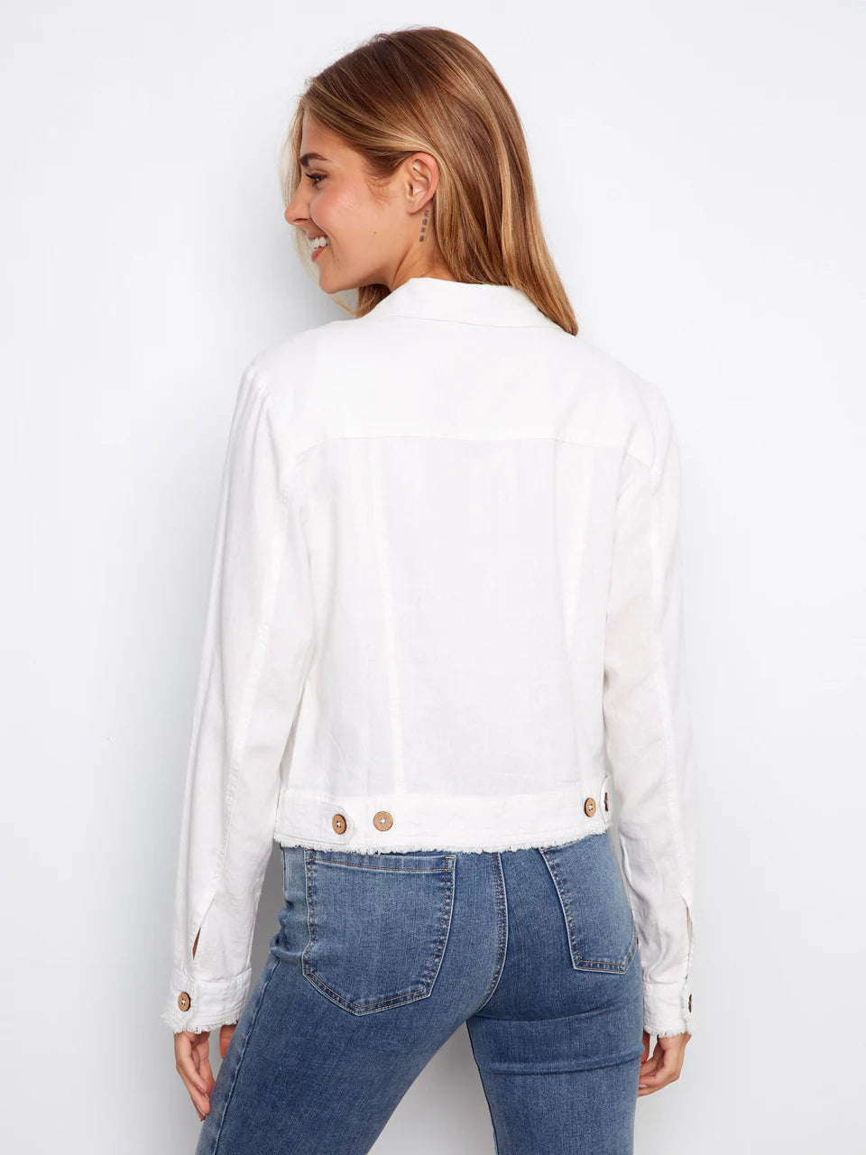 White Linen Jacket with Frayed Hem