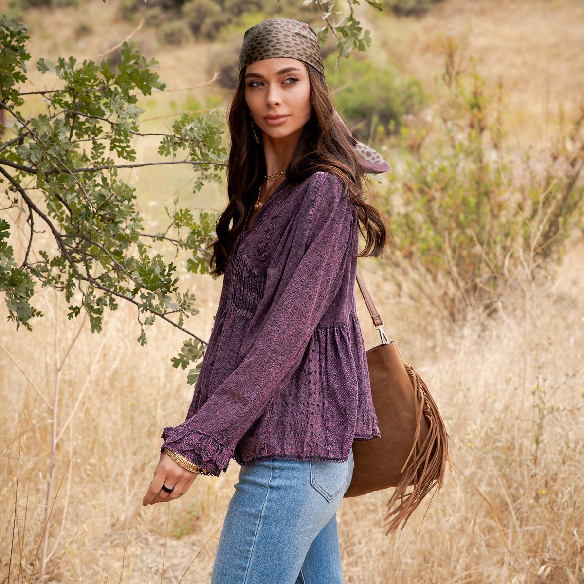 Young Threads - Vintage Boho Embroidered Lace V-Neck Peplum Top NEW - MULBERRY / REGULAR (S-M-L-XL 2-2-2-1)