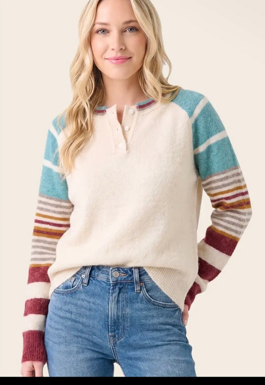 Cream Striped Sleeve Sweater