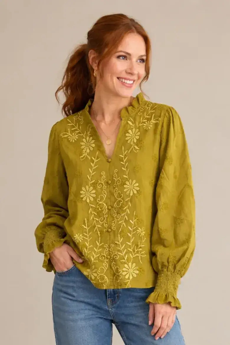 Pine Apparel - Embroidered Ruffle Neck Blouse - Cinnamon / XL