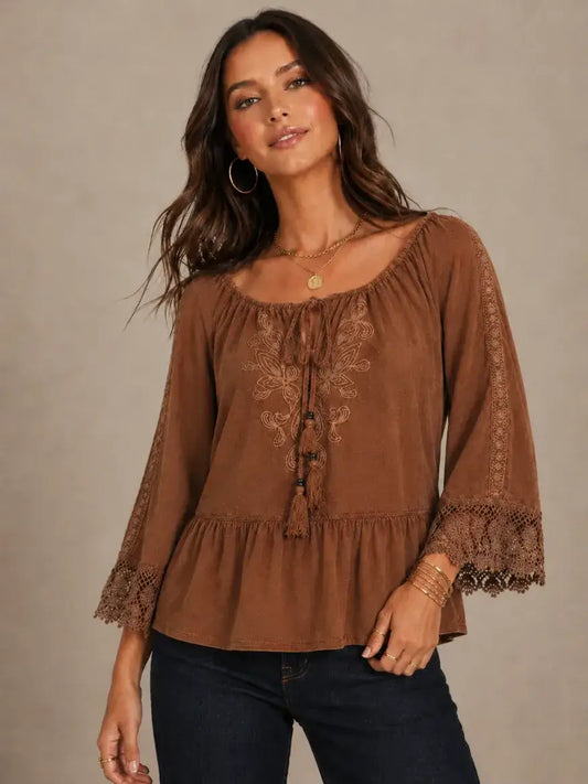 Brown Ruffle Hem Blouse
