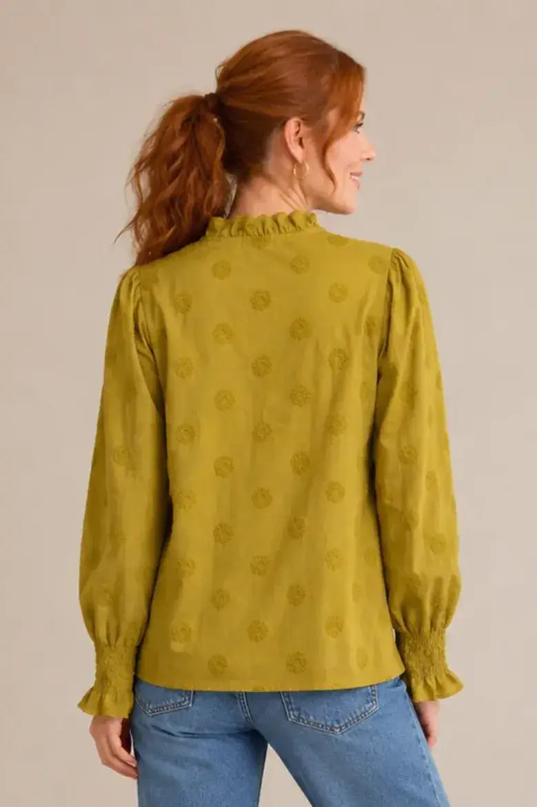 Pine Apparel - Embroidered Ruffle Neck Blouse - Cinnamon / XL