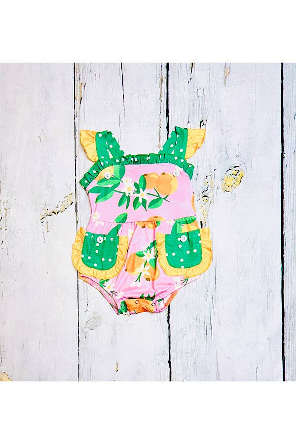 luluclothes - Pink & green w/peaches sleeveless baby romper XCH0999-5H - 6/12MONTHS