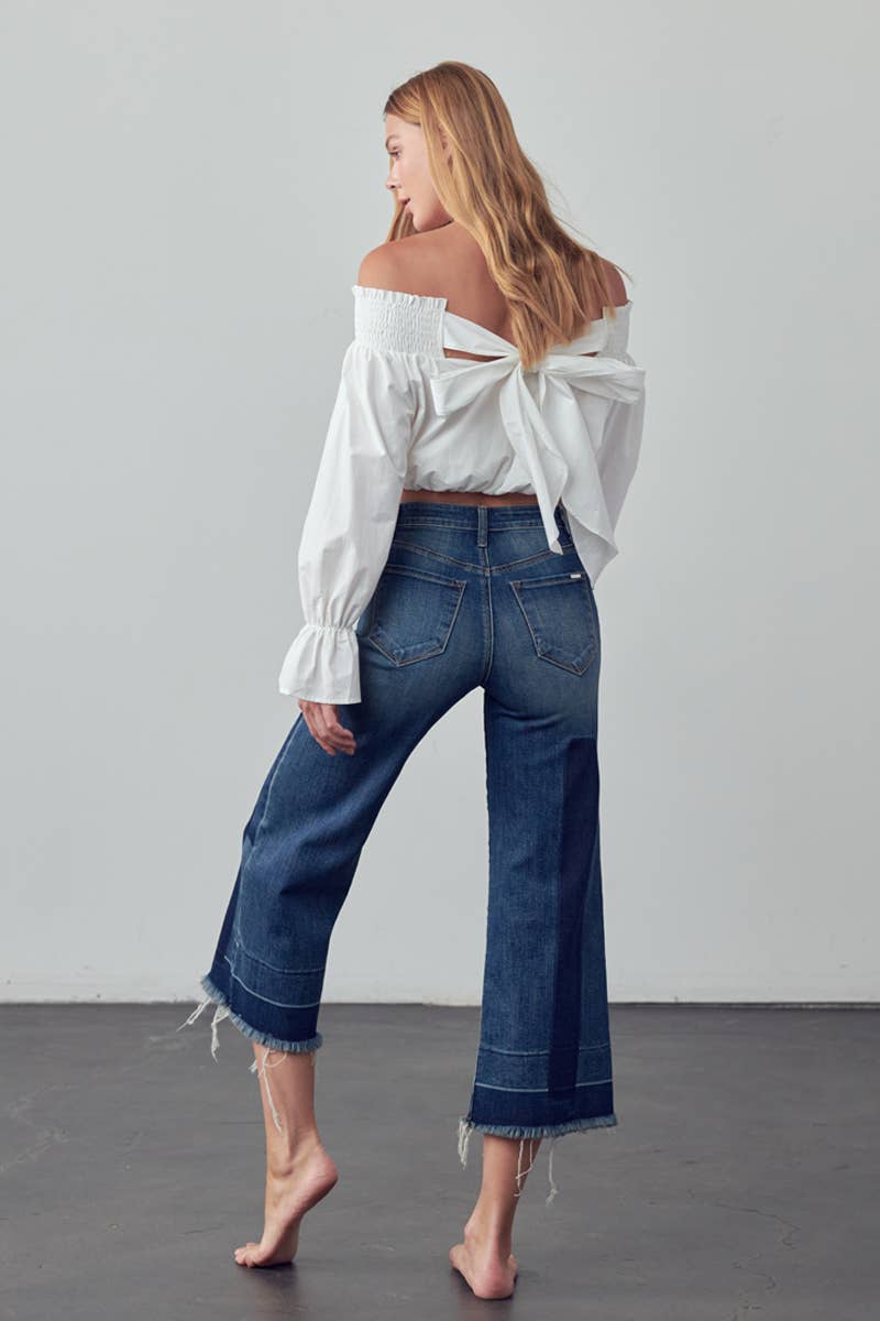 Mid Rise Raw Hem Crop Flare Jeans