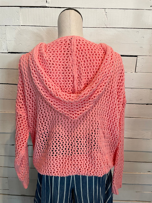 Peach Lace-Up Open Cable Knit Chenille Hoodie Sweater