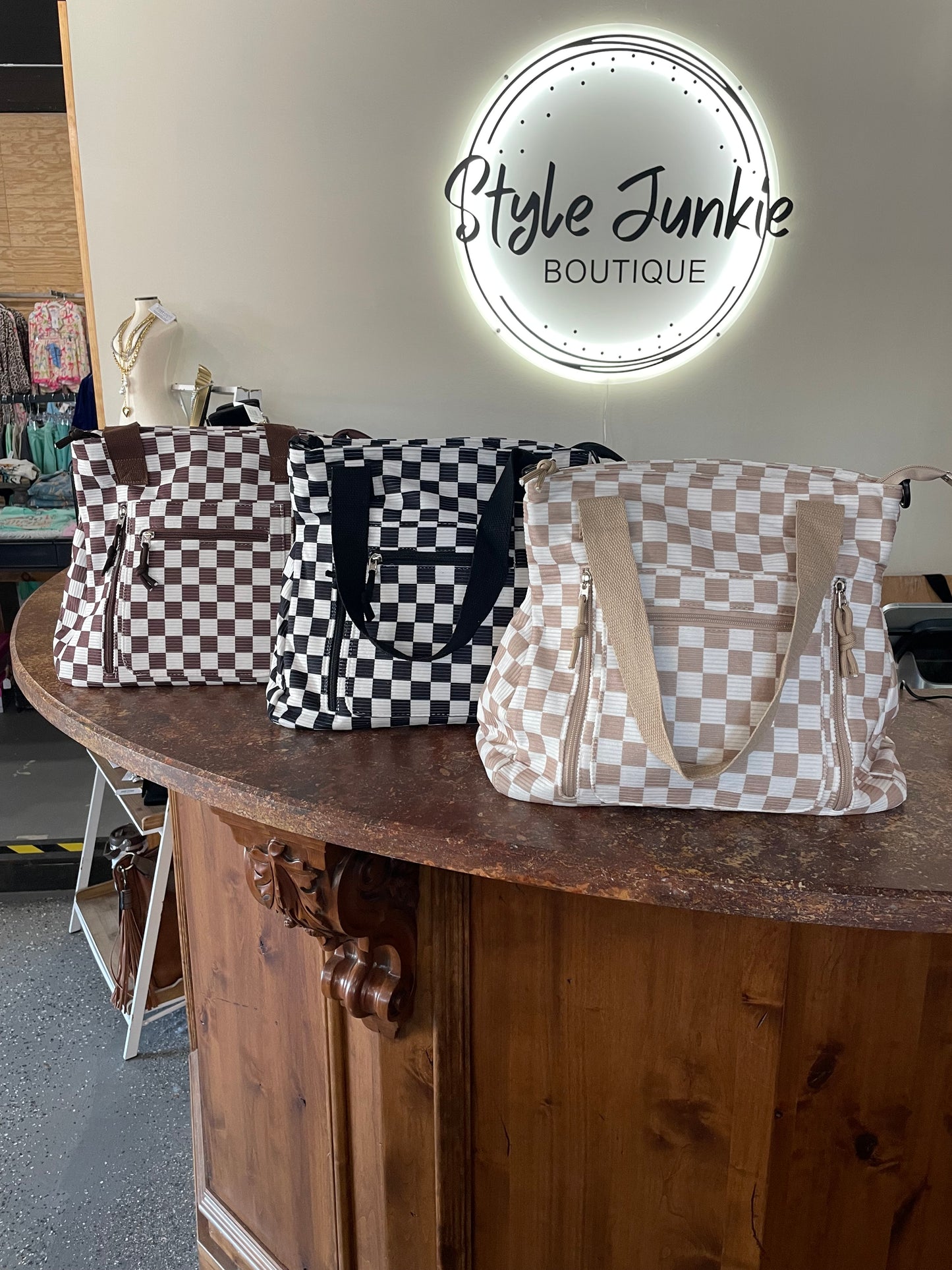 Brown Checkered Tote Bag