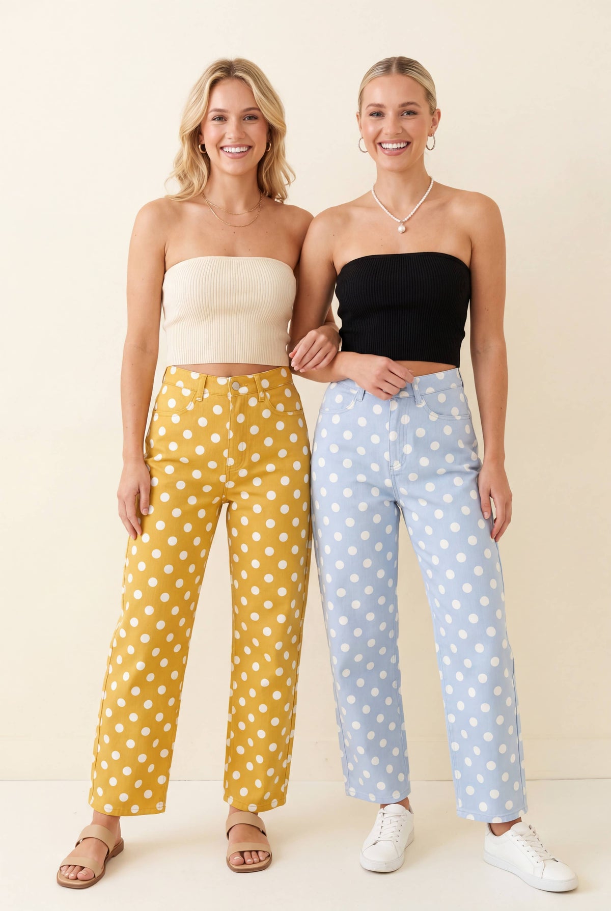 HEIMISH - HP40176 Polka Dot High Rise Straight Leg Pants - TAUPE/WHT / 2-2-2(S-M-L)