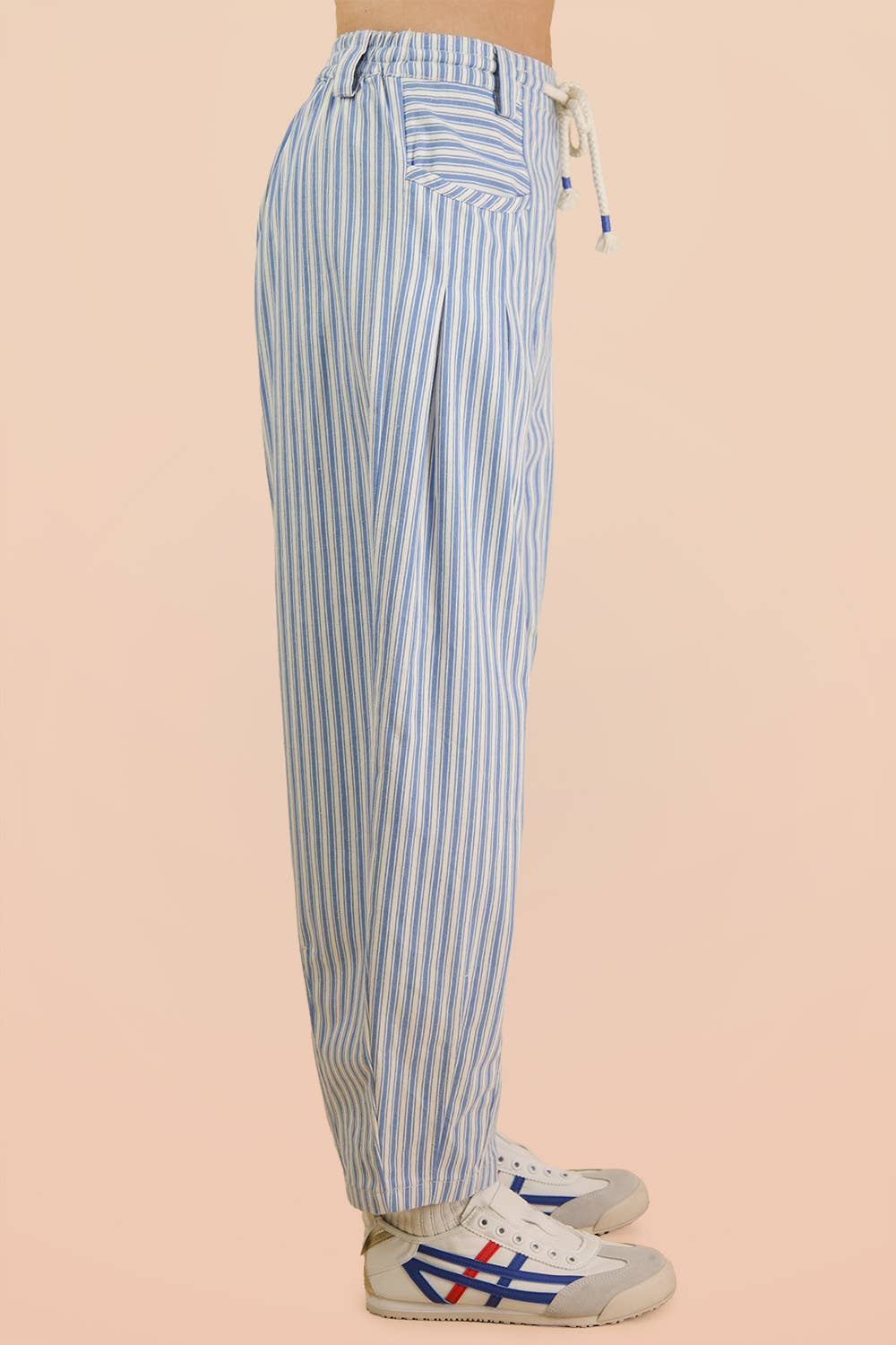 Blue Striped Denim Barrel Pants