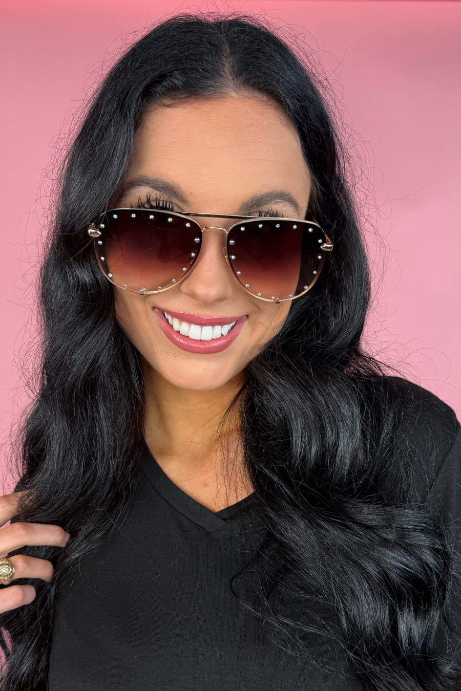 Studded Aviator Sunglasses - Pink