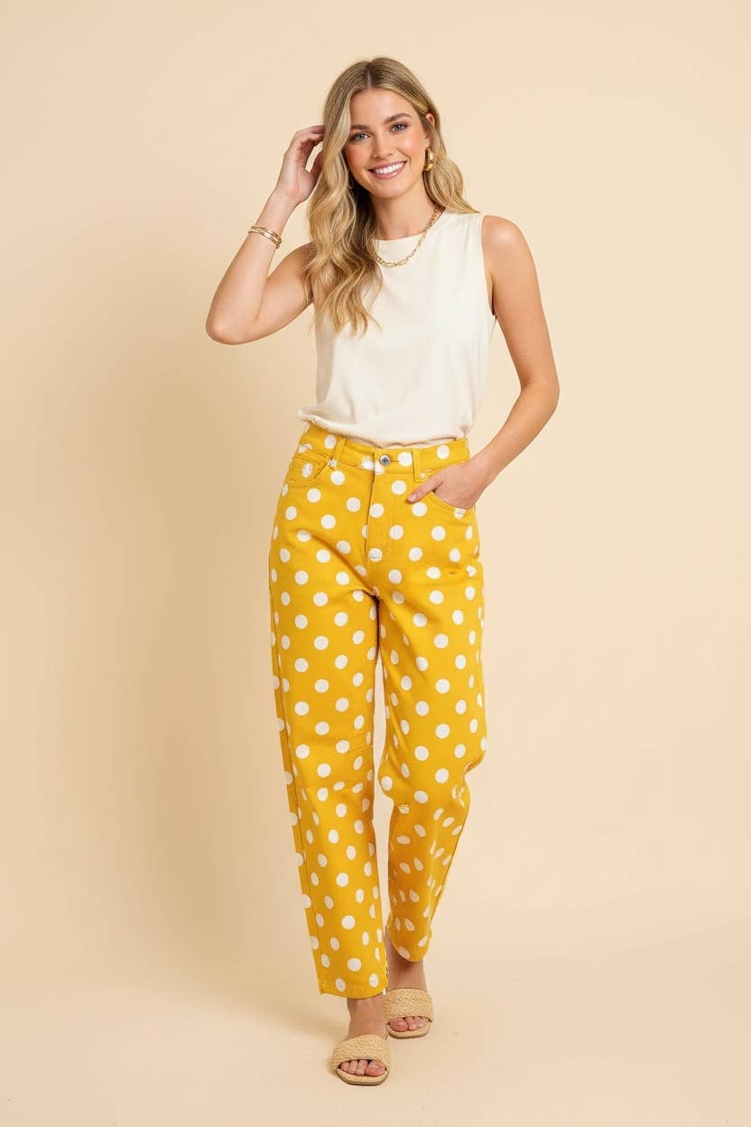 HEIMISH - HP40176 Polka Dot High Rise Straight Leg Pants - TAUPE/WHT / 3-2-1(1X-2X-3X)