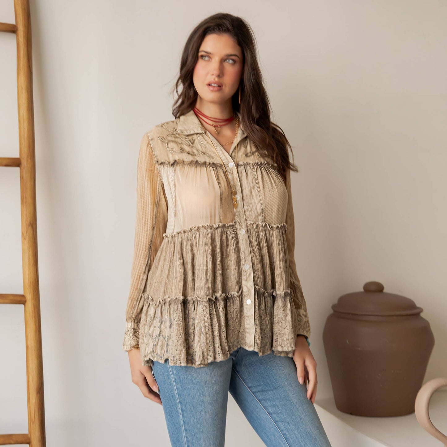 Latte Mineral Wash Tiered Blouse with Floral Details