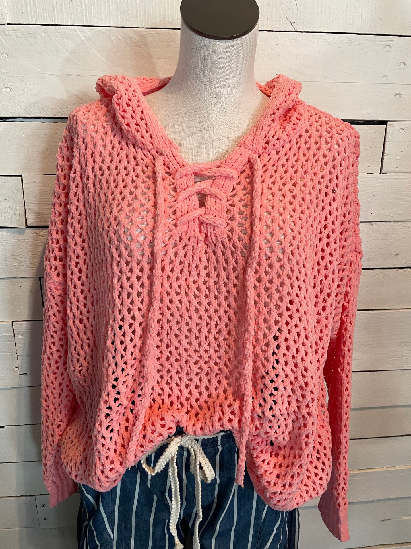 Peach Lace-Up Open Cable Knit Chenille Hoodie Sweater
