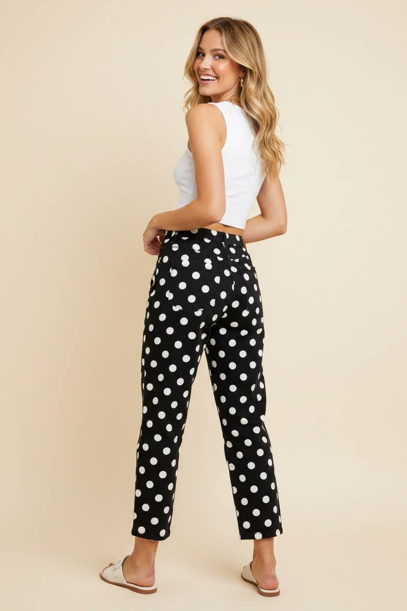 HEIMISH - HP40176 Polka Dot High Rise Straight Leg Pants - TAUPE/WHT / 2-2-2(S-M-L)