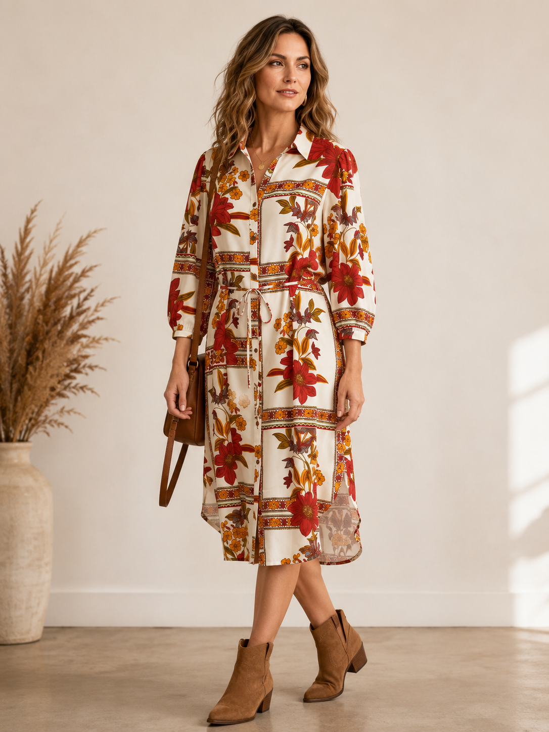 A woman models a long-sleeve midi shirt dress with a cream base and a red, orange, and brown floral pattern. She is wearing brown suede ankle boots and holding a small brown handbag, standing in a brightly lit room with a pampas grass vase on the left.