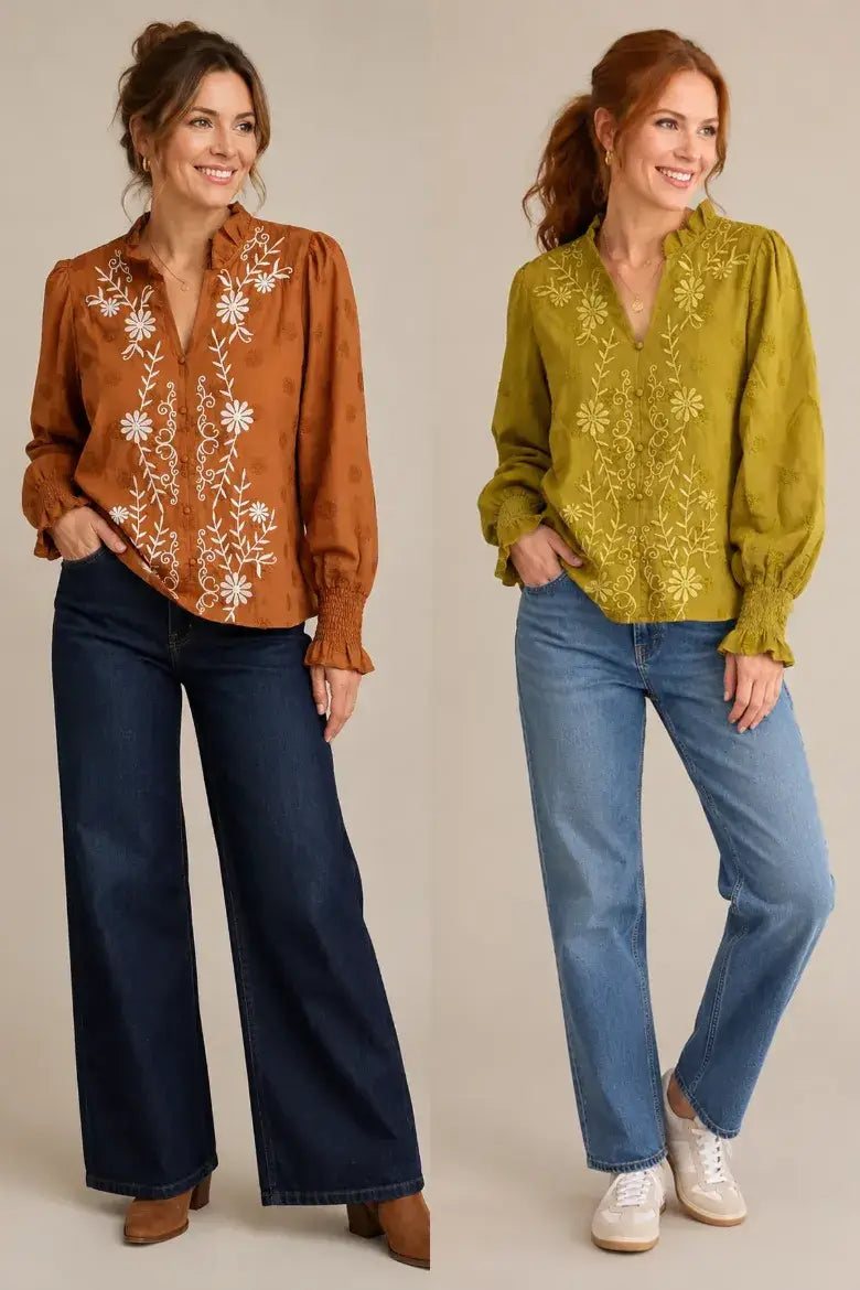 Pine Apparel - Embroidered Ruffle Neck Blouse - Cinnamon / XL