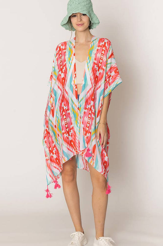 Hana - Aztec Pattern Print Tassel Summer Kimono - Pink