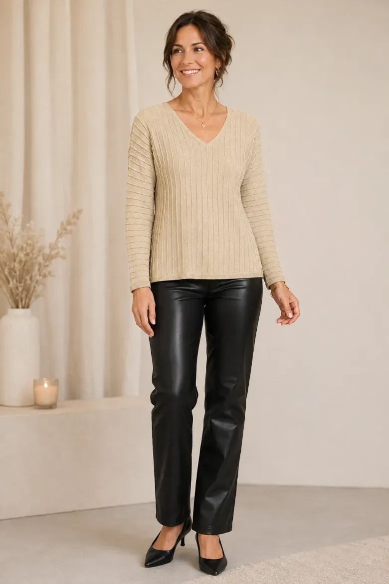 Pine Apparel - L/S Lurex V-Neck Sweater - Gold / L