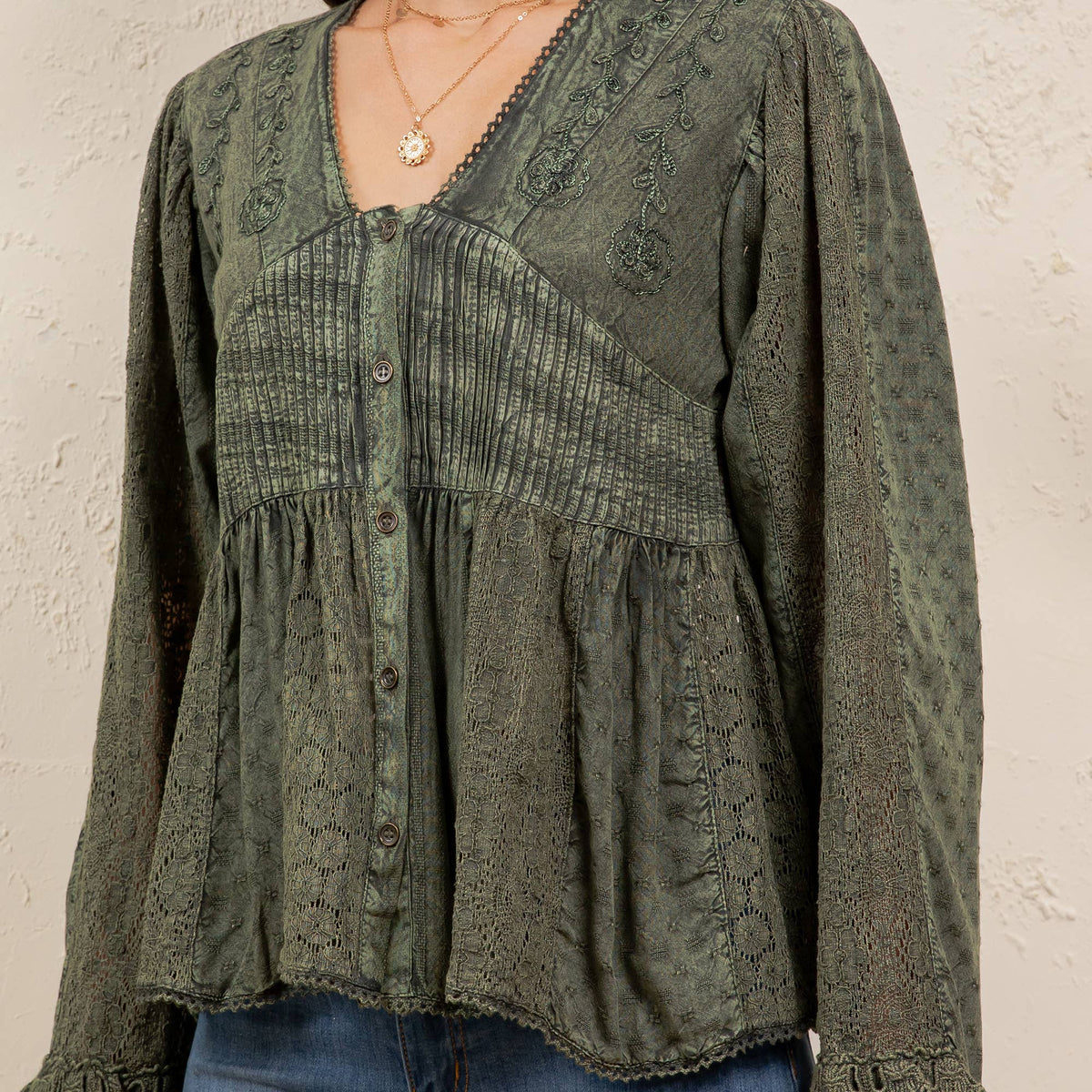 Young Threads - Vintage Boho Embroidered Lace V-Neck Peplum Top NEW - MULBERRY / REGULAR (S-M-L-XL 2-2-2-1)