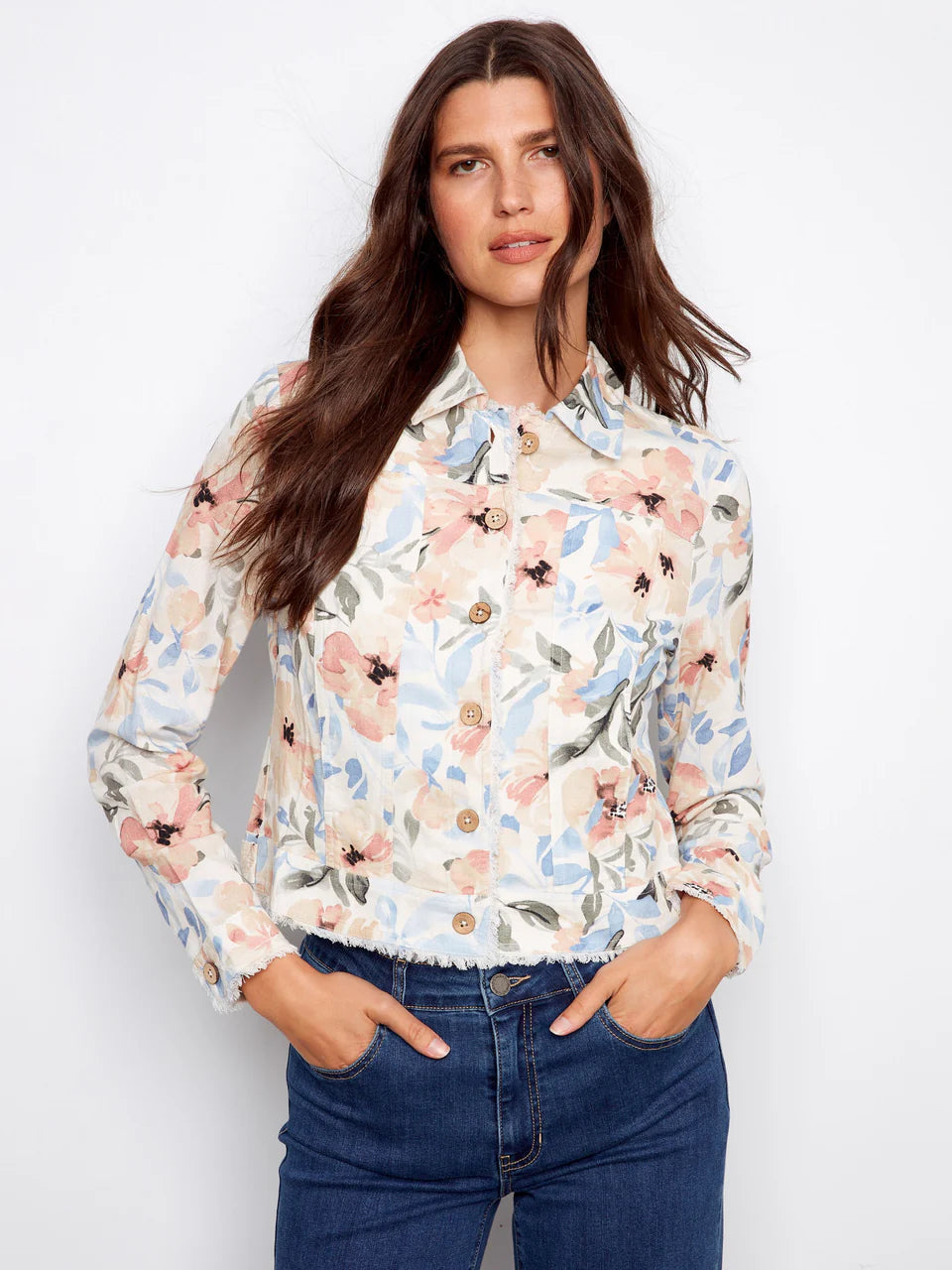 Floral Linen Jacket  with Frayed Hem