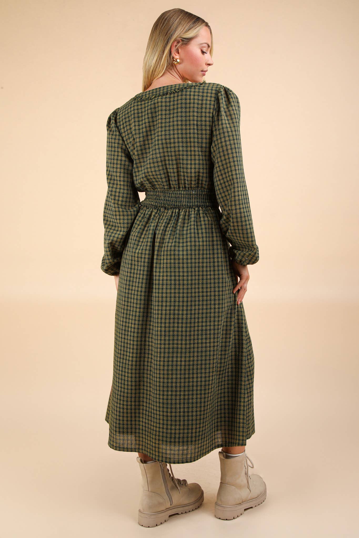 Green Plaid Midi Dress